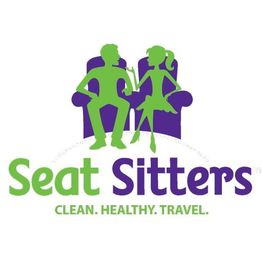 Two green silhouettes sitting, with text: "Seat Sitters. Clean. Healthy. Travel."