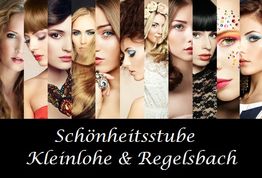 Zehn Frauen mit verschiedenen Frisuren und Make-up, darunter Text: "Schönheitsstube Kleinlohe & Regelsbach".
