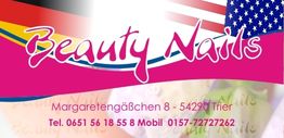 Beauty Nails Logo mit deutscher und US-Flagge, Adresse und Telefonnummern in Trier.