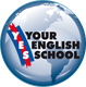 Globus mit Text "YES Your English School" auf blauem Hintergrund.