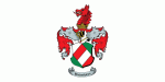 Wappen mit rotem Löwen, Schild in Rot und Weiß, Helmzier und grauen Ornamenten.