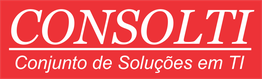 Logo da Consolti, fundo vermelho com texto: "Conjunto de Soluções em TI".