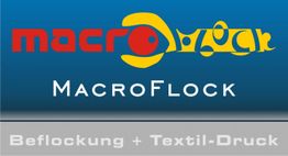 Logo von MacroFlock mit dem Text "Beflockung + Textil-Druck" auf blauem Hintergrund.