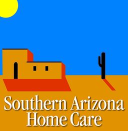 Desert scene with a sun, house, cactus, and text: "Southern Arizona Home Care."