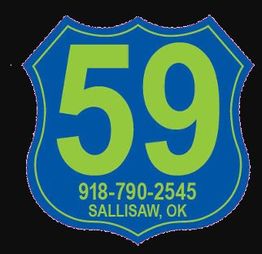 Blue shield with green "59," phone number, and "Sallisaw, OK" text.