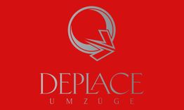 Roter Hintergrund mit grauem Logo und Schriftzug "DEPLACE UMZÜGE".