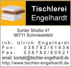 Visitenkarte der Tischlerei Engelhardt, Suhler Straße 47, 98711 Schmiedefeld.
