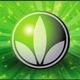 Logo verde e bianco con simbolo a foglia su sfondo dalla texture luminosa.