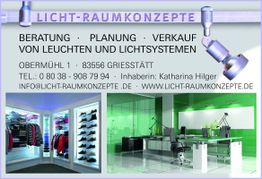 Geschäftskarte für Licht-Raumkonzepte mit Kontaktinfos, Leuchten im Büro und Kleiderladen.
