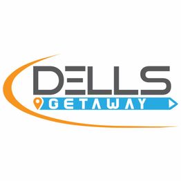 Logo with "Dells Getaway" text, orange swoosh, and blue arrow design.