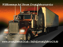 Roter LKW auf Straße bei Sonnenaufgang, Text: Willkommen bei Ihrem Ersatzfahrerservice.