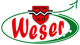 "Weser-Logo mit rotem Schriftzug, 1837-Siegel und grünem Pfeil in ovalem Rahmen."