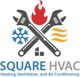 Wrench logo with fire, snowflake, and airflow, labeled "Square HVAC: Heating, Ventilation, Air Conditioning."
