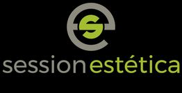 Logotipo en negro de "session estética" con letras grises y verdes.