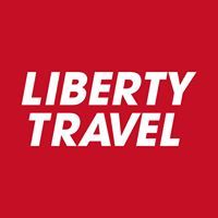 "Red background with 'Liberty Travel' written in bold white letters."