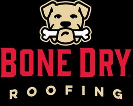 Dog logo above "Bone Dry Roofing" in bold red and beige text on a black background.