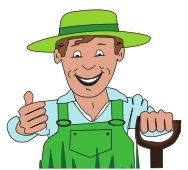 Fröhlicher Gärtner mit grünem Hut und Schaufel zeigt Daumen hoch.