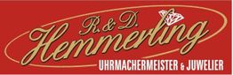 Rotes Logo mit goldener Schrift: R&D Hemmerling, Uhrmachermeister & Juwelier, mit Diamantgrafik.
