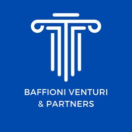 Logo di colonna stilizzata con testo "Baffioni Venturi & Partners" su sfondo blu.