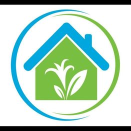 Green house logo with blue roof, plant inside, circular blue-green border.