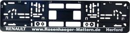 Schwarzer Kennzeichenhalter mit Renault-Logo und URL "Rosenhaeger-Mattern.de" aus Herford.