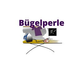 Bügelbrett mit lila Hemd, Bügeleisen und Text "Bügelperle" oben.
