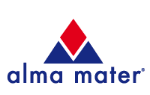 Logo mit einem roten Raute und blauen Umriss, darunter steht „alma mater“ in blauer Schrift.
