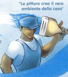Uomo con cappello dipinge un muro, slogan: "La pittura crea il vero ambiente della casa".