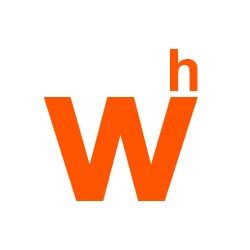 Orange Buchstabe "W" mit kleinem "h" oben rechts auf weißem Hintergrund.
