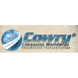 Logo for Cowry Limousine Worldwide with a blue globe and company name on a beige background.