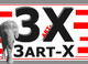 Ein Elefant vor rotem Streifenmuster und dem Text "3ART-X" auf einem rechteckigen Schild.