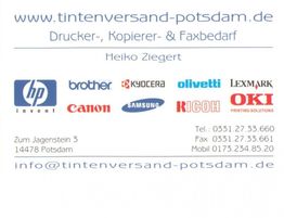 Visitenkarte mit Druckermarken-Logos, Kontaktinformationen und Website von tintenversand-potsdam.de.