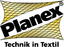 Logo mit Text: "Planex - Technik in Textil" auf gelb-grauem Netz-Hintergrund.