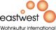 Logo mit drei orangefarbene Kreise, Text: "eastwest Wohnkultur international".