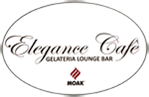 Logo ovale con testo "Elegance Cafe Gelateria Lounge Bar" e "Moak" al centro.