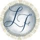 Elegant monogram "LF" in blue on a textured circle with a decorative border.