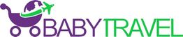 Coche con avión y texto "BABY TRAVEL" en morado y verde.