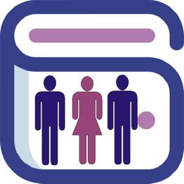 Symbol mit drei Personen in einem stilisierten blauen und lila Buch.
