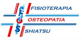 Logo Fisioterapia, Osteopatia, Shiatsu con strisce rosse e blu.