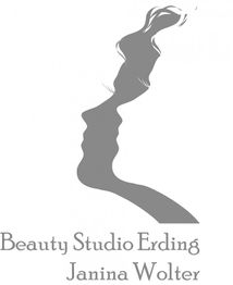 Silhouette eines Gesichts mit Haaren; Text: Beauty Studio Erding, Janina Wolter.