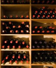 Regale voller Weinflaschen in einem Weinkeller, ordentlich in Fächern gelagert.