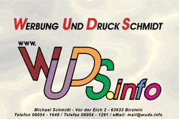 Werbung für "Werbung und Druck Schmidt" mit buntem Logo und Kontaktdaten.