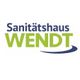 Logo mit blauem Text "Sanitätshaus" und großen grünen Buchstaben "WENDT", mit geschwungenem Strich.