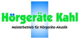 Logo: "Hörgeräte Kahl", Meisterbetrieb für Hörgeräte-Akustik, grüner Text auf blauem Hintergrund.
