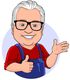 Karikatur eines lächelnden Mannes mit Brille, rotem Shirt und blauer Latzhose, Daumen hoch.