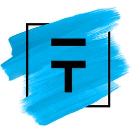 Black "F" on blue brushstroke with black square frame.