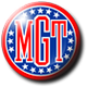 Logo con letras "MGT" en rojo, fondo azul con estrellas blancas en círculo.