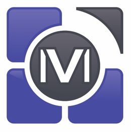 Logo mit einem stilisierten "M" in der Mitte, umgeben von blauen und grauen Formen.