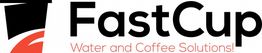 Logo de FastCup: "Soluciones de agua y café" con fondo negro y rojo.