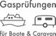 Grafik mit Text "Gasprüfungen für Boote & Caravan" und Symbolen von Boot und Wohnwagen.